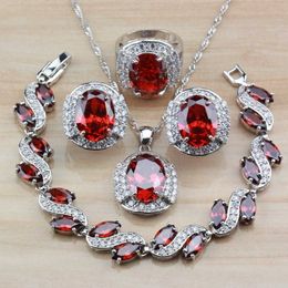 Wedding-Engagement Red Jewellery Set AAA+ Quality Garnet Zircon Fashion Women Accessories Clip Earrings And Necklace Ring Sets H1022