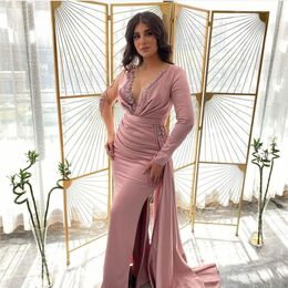 Long Sleeve Muslim Pink Lace Evening Dresses Mermaid Satin V-Neck Floor Length Prom Formal Party Gowns for Women