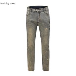 Men's Jeans Black Street K77# Vintage Painted Stretch Cotton Denim Biker Slim Fit Pleated Pants For Motorcycle
