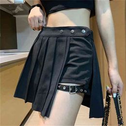 Gothic Harajuku Pleated Skirts Women with Leg Ring Black High Waist Short Summer Punk Casual Mini 210619