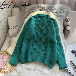 Hsa Cable-Knit Sweater Women's Autumn and Winter Pullover Short Idle Style Loose Sweater Thick Fashionable Outer Wear 210716