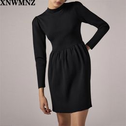 Women Fashion Knit mini dress Vintage Elegant High neck long sleeve flared hem Female Chic Pullovers 210520