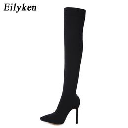 FET33 FACTORY_STORE01 2021 Fashion Stretch Fabric Sock Boots Pointy Toe Over-the-Knee Heel Thigh High Pointed Toe Woman Boot size 35-42