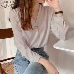 Office Lady Long Sleeve Shirts Elegant Chiffon Blouse Beading Women Tops V-Neck Plus Size Loose Female Clothing 13168 210417