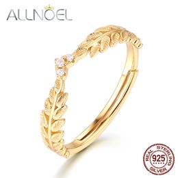 ALLNOEL Silver 925 Jewellery Fashion Olive Leaf Ring Real Gold Plated Wedding Band Fine Wholesale Lots Bulk Trendy Rings 211217