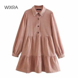 Wixra Corduroy Dresses Womens Turn-Down Collar Sweet Chic Short Clothing Loose Shirts Ladies Spring Autumn 210706