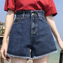 Summer Cool Women Denim Shorts Fashion Tassel Burr Hem High Waist Wide Leg With Pockets Casual Women's