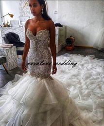 Vestido De Novia Mermaid Wedding Dress Sweetheart Luxury Lace Applique Organza Ruffles Bridal Gowns Custom Made 2021
