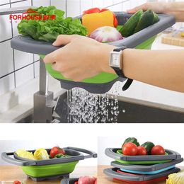 Silicone Telescopic Folding Drain Basket Kitchen Accessories Vegtable&Fruit Colander Strainer With Extendable Handles 211109