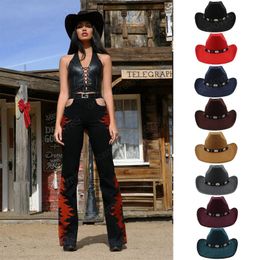 Men Women Western Cowboy Hat With Cow Head Band Wide Brim Jazz Hat Winter Wool Cap Size 56-58CM