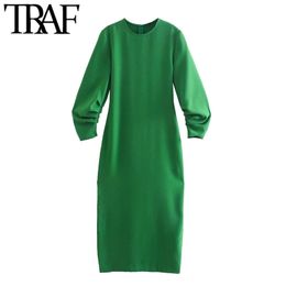 Women Chic Fashion With Gathered Detail Green Midi Dress Vintage Long Sleeve Back Zipper Female Dresses Vestidos 210507