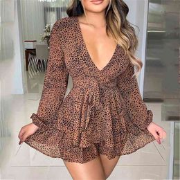 Foridol V-Ausschnitt Laternenhülse Strampler Frauen Frühling Herbst Leopardenmuster Rüschen Breites Bein Boho Vintage Overalls Playsuits 210415