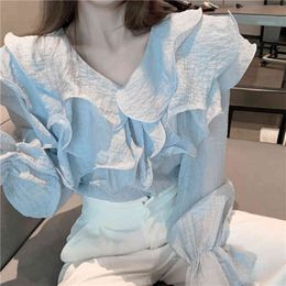 Vintage Femme Shirts Elegant Blouse Women Tops butterfly Ruffle V-neck Long sleeve blouse female Chiffon 801F 210420