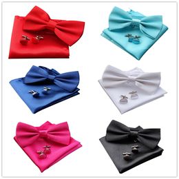 Neck Tie Set Bowtie handkerchiefs cufflinks 3 sets10 colors solid color bowknot Occupational business necktie for Christmas Gift Free UPS FEDEX