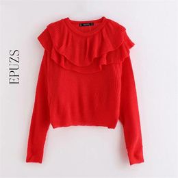 Sweet red knitted sweaters women pullover long sleeve crop sweater casual ruffles korean Warm Knitwear 210521