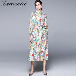Summer Flower Boho Beach Women Bohemian Sleeve Elastic Waist Multicolor Floral Printed Long Dress With Belt 210416