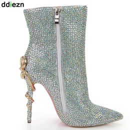 CM Modern Boots 11 Women 2024 High Thin Heels Snake Woman Pumps Rhinestones Bling Pointed Toe Ladies Short 98