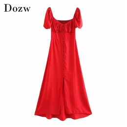 Long Split Sexy Red Dress Women Puff Short Sleeve Party V Neck A Line Sweet Midi es With Buttons Robe Femme 210515