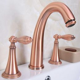 copper sinks faucets UK - Bathroom Sink Faucets Deck Mounted 3 Holes Bath Tub Mixer Tap Vintage Retro Antique Red Copper Brass Widespread 2 Handles Basin Faucet