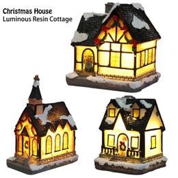 Decorative Objects & Figurines Christmas Luminous Cabin Lights Resin Cottage Miniature House Furniture LED Gifts Lighting Party Home Decorat