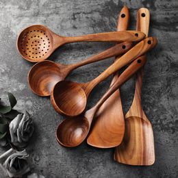 Thailand Teak Natural Wood Tableware Spoon Ladle Turner Long Wooden Colander Soup Skimmer Cooking Spoons Scoop Kitchen Tool Set Y0428