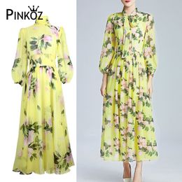 Designer Fashion Runway Vintage Midi Dress Women Long sleeve Elegant Bow Belt Yellow Flower Print Chiffon Vestdios 210421