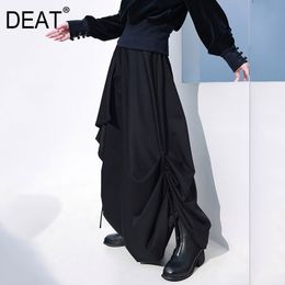 High Elastic Waist Black Asymmetric Ruched Floor Length Half-body Skirt Women Fashion Tide Spring Autumn GX581 210421