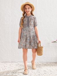 Girls Paisley Print Frill Neck Puff Sleeve Dress SHE