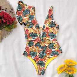 2021 Newest Sexy Ruffle Print Floral One Piece Swimsuit Off The Shoulder Swimwears Women Solid Deep-V Beachwear Bathing Suit Monkini