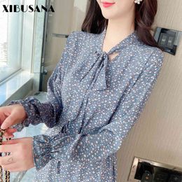 Women Chiffon Dress Vintage Floral Printed Long Sleeve Lace Up Casual Dresses Fashion Female Boho Vestidos Spring Summer 210423