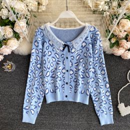 Vintage Leopard Knitted Cardigan Women Mesh V Neck Button Long Sleeve Jumper Autumn Winter Warm Korean Sweater Outwear 210419