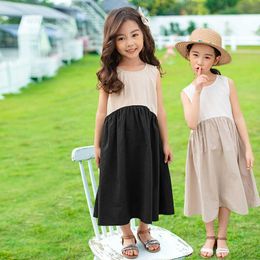 2020 New Arrive Kids Teenager Girls Summer Dress Colour Block Cotton Casual Long Big Girl Sleeveless Holiday Baby Dress Patchwork Q0716