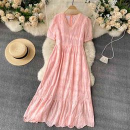 Bohemian Women's Fashion Summer Sweet Lace V-neck Loose Long Ruffled Dress Solid Color Short Sleeve Vestidos S051 210527