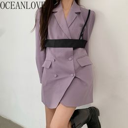 Women Blazers Spring Korean Fashion England Style Office Lady Suit Solid Loose Long Sleeve Purple Coats 210415