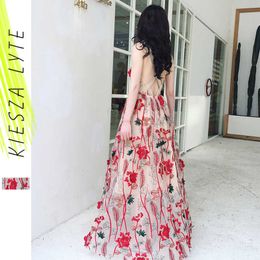 Fashion Flowers Embroidery Lace Dress Summer Sexy Sleeveless Cross Back Boho Beach Long Vacation Dresses Vestidos Robes 210608