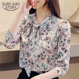 fashion womens tops and blouses print chiffon shirt bow V collar office long sleeve women shirts 2432 50 210506