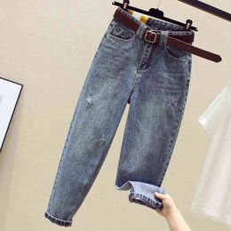 Spring Summer Korea Fashion Women High Waist Loose Ripped Jeans Vintage Blue Casual Cotton Denim Harem Pants S721 211129