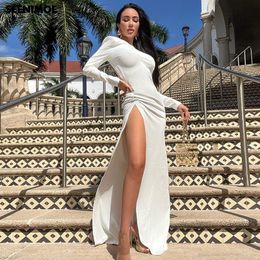 Casual Dresses SEENIMOE 2022 Fashion White Elegant Long Sleeve Backless High Cut Women Midi Dress Holiday Beach Summer Waist Split