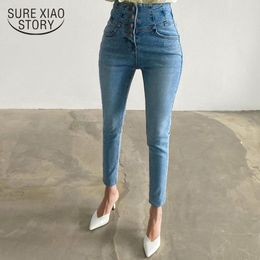 Autumn High Waist Skinny Woman Pencil Pants Casual Slim Mujer Single-breasted Cropped Jeans Bodycon Trousers 10590 210415