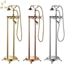 Bathroom Golden Floor Stand Faucet Telephone Type Bath Shower Mixer Brass Set Luxury Bathtub Tap JM5821 Sets
