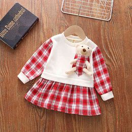 Baby Girls Autumn Doll Bear Patchwork Lattice Cotton Knitting Dresses Clothes Toddler Infant Dress Children dress 2 3 4 5Year Q0716