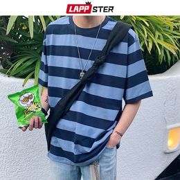 LAPPSTER Men Streetwear Striped Tshirt 2020 Summer Mens Funny Hip Hop Loose T Shirt Male Vintage Fashion Tees Casual Yellow Tops Y0322