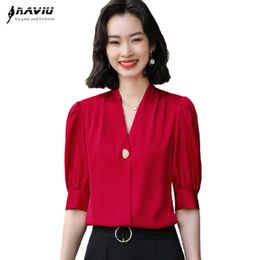Women Red Chiffon Half Sleeve Shirt Summer Business Formal V Neck Blouses Office Ladies Work Bottoming Tops 210604