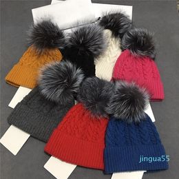 Wholesale beanie New Winter caps Hats Women bonnet Thicken Beanies with Real Raccoon Fur Pompoms Warm Girl Caps snapback pompon beanie