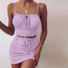 Lace Up Bodycon Summer Dress Two Pieces Skirt Sets Women Sexy Mini Sundress Suits Crop Top Purple Party Beach Boho Dresses 210415