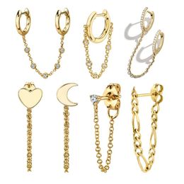 -1pc 2021 Orecchini per piercing per piercing per foro per le donne Moon Heart Gold Chain CZ Crystal Double Circle Huggies Gioielli