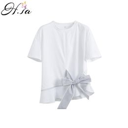 H.SA Women Blouse Casual Crew Neck Backless Lace Up Long Sleeve Shirt Solid White Top Shirts Slim Female Bow Tie Streetwear 210417