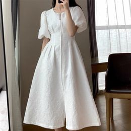 French Vintage White Long Dress Women Puff Sleeves Zipper Front A Line Slim Party Summer Robe Elegant Vestidos 210514
