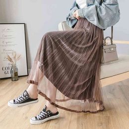 Women Patchwork Mesh Gold Velvet Skirts Two Layered Autumn Winter Female Maxi Pleated Double-sided Wear Lace 210514