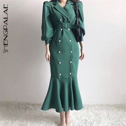 spring Spring Women Vintage Loose Slim Was Thin Elegant Pearl Buckle Lace-up Waist Puff Sleeves Maxi Dress 210427